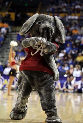 NASHVILLE, TN - MARCH 12:  Big Al, the mascot from the Alabama Crimson Tide, performs against the Kentucky Wildcats during the quarterfinals of the SEC Men's Basketball Tournament at the Bridgestone Arena on March 12, 2010 in Nashville, Tennessee.  (Photo