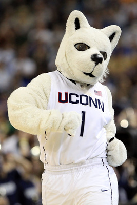 HOUSTON, TX - APRIL 02:  The Connecticut Huskies mascot on the court during a break in the game against the Kentucky Wildcats in the National Semifinal game of the 2011 NCAA Division I Men's Basketball Championship at Reliant Stadium on April 2, 2011 in H
