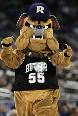HOUSTON, TX - APRIL 04:  The Butler Bulldogs mascot performs on the court as they are taking on the Connecticut Huskies during the National Championship Game of the 2011 NCAA Division I Men's Basketball Tournament at Reliant Stadium on April 4, 2011 in Ho