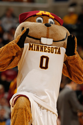 INDIANAPOLIS - MARCH 11:  Goldy Gopher, mascot of the Minnesota Golden Gophers performs during the game against the Penn State Nittany Lion in the first round of the Big Ten Men's Basketball Tournament at Conseco Fieldhouse on March 11, 2010 in Indianapol
