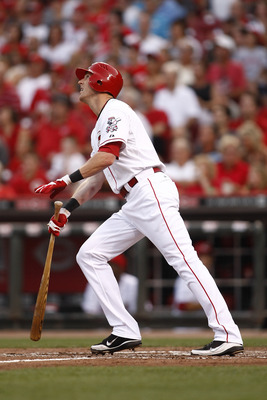 CINCINNATI, OH - JUNE 17:  Drew Stubbs #6 of the Cincinnati Reds hits an inside the park home run during the game against the Toronto Blue Jays on June 17, 2011 at Great American Ball Park in Cincinnati, Ohio.  The Toronto Blue Jays defeated the Cincinnat
