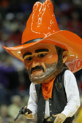 KANSAS CITY, MO - MARCH 09:  Oklahoma State Cowboys mascot Pistol Pete performs during their game against the Nebraska Cornhuskers in the first round of the 2011 Phillips 66 Big 12 Men's Basketball Tournament at Sprint Center on March 9, 2011 in Kansas Ci