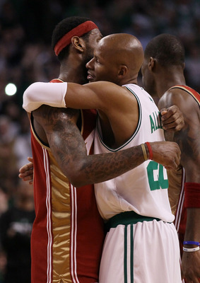 BOSTON - MAY 13:  Ray Allen #20 of the Boston Celtics consoles LeBron James #23 of the Cleveland Cavaliers after Game Six of the Eastern Conference Semifinals of the 2010 NBA playoffs at TD Garden on May 13, 2010 in Boston, Massachusetts. The Celtics defe