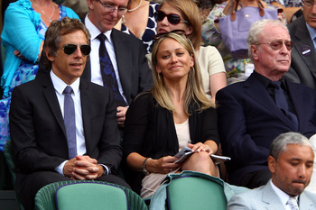 LONDON, ENGLAND - JUNE 30:  (L-R)  Ben Stiller, Christine Taylor and Sir Michael Caine on Day Nine of the Wimbledon Lawn Tennis Championships at the All England Lawn Tennis and Croquet Club on June 30, 2010 in London, England.  (Photo by Clive Brunskill/G