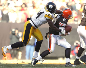 CLEVELAND, OH - JANUARY 02:  Linebacker Lawrence Timmons #94 of the Pittsburgh Steelers sacks quarterback Colt McCoy #12 of the Cleveland Browns at Cleveland Browns Stadium on January 2, 2011 in Cleveland, Ohio.  (Photo by Matt Sullivan/Getty Images)
