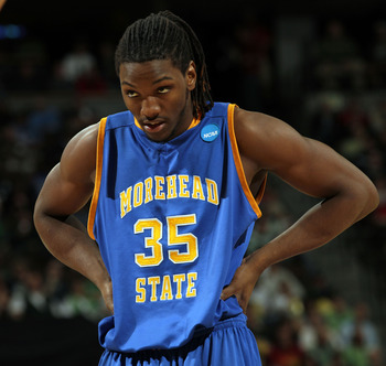 DENVER, CO - MARCH 17:  Kenneth Faried #35 of the Morehead State Eagles looks on during the second round of the 2011 NCAA men's basketball tournament at Pepsi Center on March 17, 2011 in Denver, Colorado.  (Photo by Doug Pensinger/Getty Images)