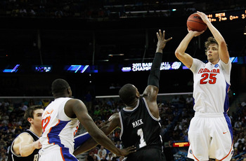 NEW ORLEANS, LA - MARCH 26:  Chandler Parsons #25 of the Florida Gators shoots over Shelvin Mack #1 of the Butler Bulldogs during the Southeast regional final of the 2011 NCAA men's basketball tournament at New Orleans Arena on March 26, 2011 in New Orlea