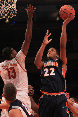 NEW YORK - NOVEMBER 18: Jereme Richmond #22 of the Illinois Fighting Illini shoots over Tristan Thompson #13 of the Texas Longhorns during the 2k Sports Classic at Madison Square Garden on November 18, 2010 in New York, New York.  (Photo by Chris McGrath/