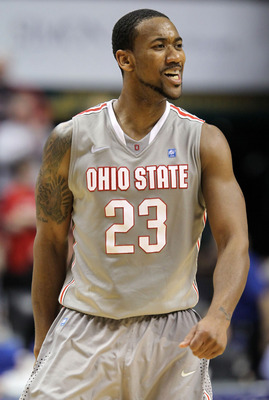 INDIANAPOLIS, IN - MARCH 13:  David Lighty #23 of the Ohio State Buckeyes reacts against the Penn State Nittany Lions during the championship game of the 2011 Big Ten Men's Basketball Tournament at Conseco Fieldhouse on March 13, 2011 in Indianapolis, Ind