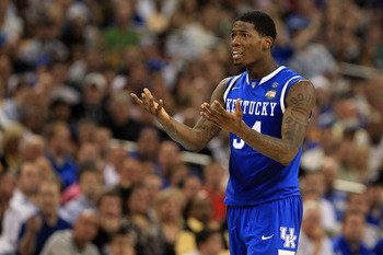 HOUSTON, TX - APRIL 02:  DeAndre Liggins #34 of the Kentucky Wildcats reacts against the Connecticut Huskies during the National Semifinal game of the 2011 NCAA Division I Men's Basketball Championship at Reliant Stadium on April 2, 2011 in Houston, Texas