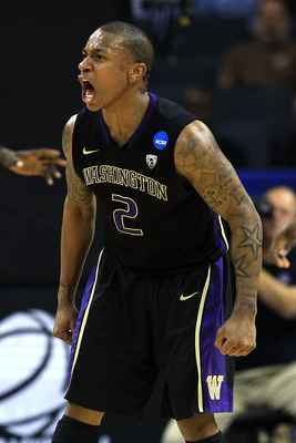 CHARLOTTE, NC - MARCH 20:  Isaiah Thomas #2 of the Washington Huskies reacts in the second half while taking on the North Carolina Tar Heels during the third round of the 2011 NCAA men's basketball tournament at Time Warner Cable Arena on March 20, 2011 i