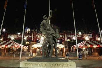 OMAHA, NE - JUNE 29:  General view of the 'Road to Omaha' Statue in front of the Rosenblatt Stadium following game 2 of the men's 2010 NCAA College Baseball World Series between the UCLA Bruins and the South Carolina Gamecocks on June 29, 2010 in Omaha, N