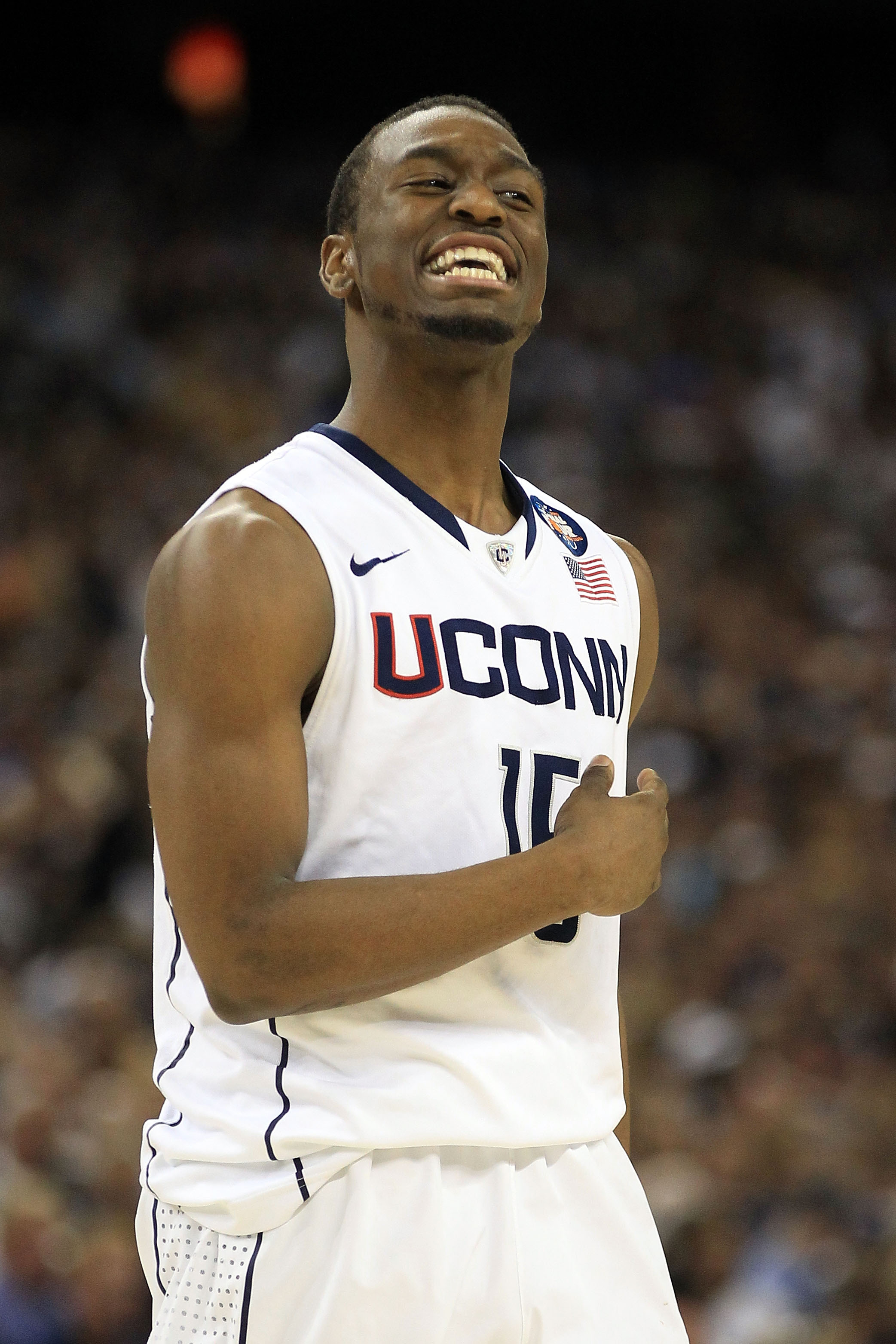 HOUSTON, TX - APRIL 04:  Kemba Walker #15 of the Connecticut Huskies reacts after a play against the Butler Bulldogs during the National Championship Game of the 2011 NCAA Division I Men's Basketball Tournament at Reliant Stadium on April 4, 2011 in Houst