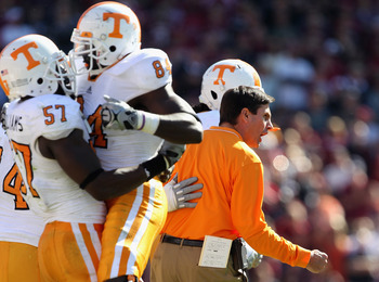 COLUMBIA, SC - OCTOBER 30: Head coach Derek Dooley of the Tennessee Volunteers watches on against the South Carolina Gamecocks during their game at Williams-Brice Stadium on October 30, 2010 in Columbia, South Carolina. (Photo by Streeter Lecka/Getty Im