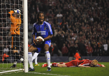 LIVERPOOL, UNITED KINGDOM - APRIL 22:  Didier Drogba of Chelsea retrieves the ball after John Arne Riise of Liverpool scored an own goal during the UEFA Champions League Semi Final, first leg match between Liverpool and Chelsea at Anfield on April 22, 200