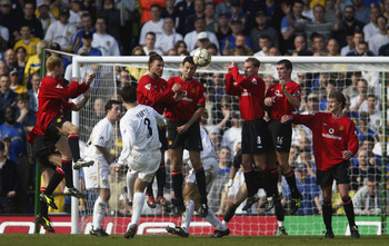 30 Mar 2002:  Ian Harte of Leeds United goes close to scoring from a free-kick during the FA Barclaycard Premiership match between Leeds United and Manchester United played at Elland Road, in Leeds, England. Manchester United won the match 4-3. DIGITAL IM