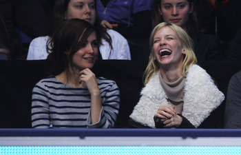 LONDON, ENGLAND - NOVEMBER 22: Actresses January Jones (R) and Rose Byrne attend the singles match between Rafael Nadal of Spain and Andy Roddick of the United States during the Barclays ATP World Tour Finals at the O2 Arena on November 22, 2010 in London
