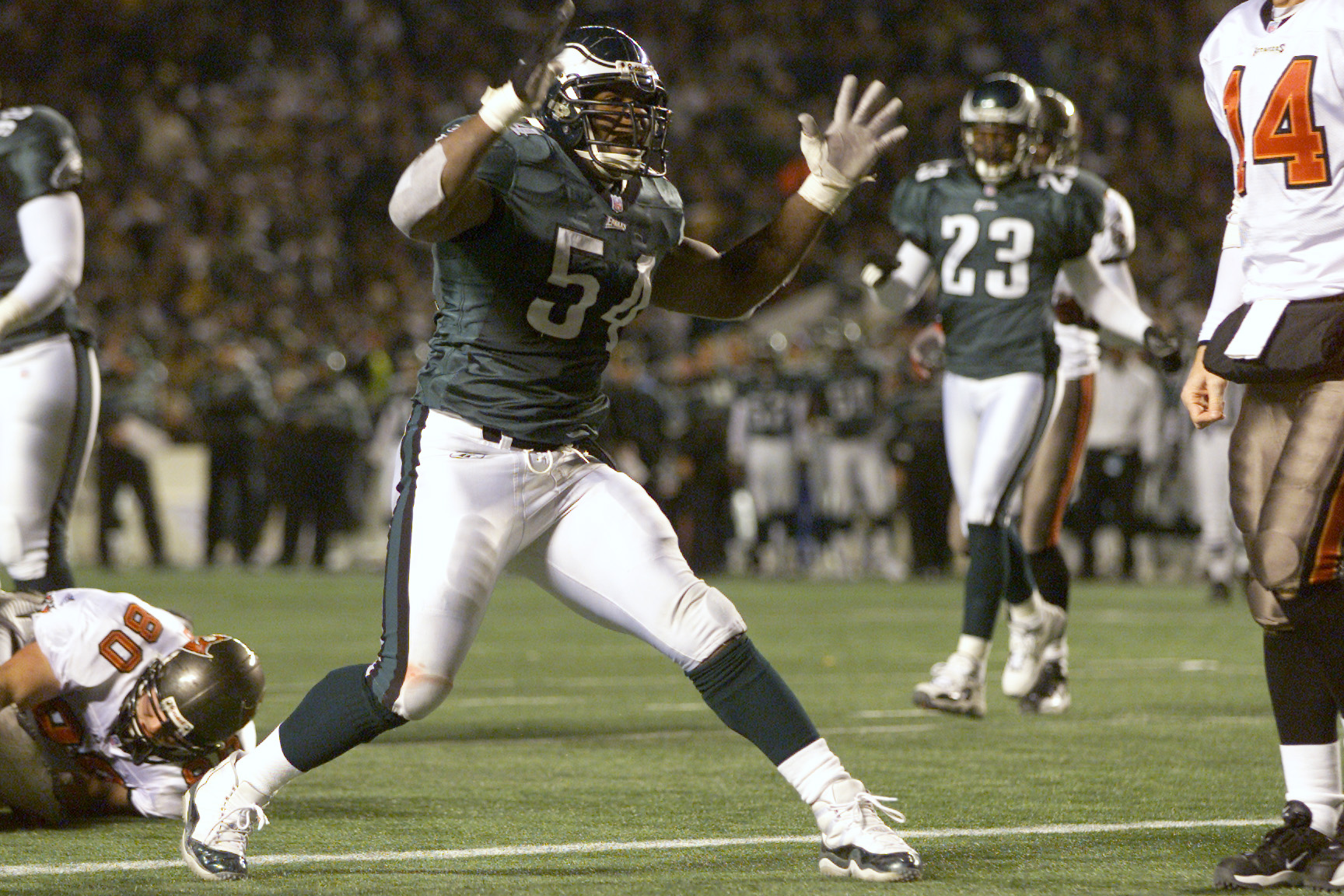 12 Jan 2002:  Jeremiah Trotter #54 of the Philadelphia Eagles reacts during the NFC Wildcard game against the Tampa Bay Buccaneers at Veterans Stadium in Philadelphia, Pennsylvania. Digital Image. The Eagles won 31-9. Mandatory Credit: Jamie Squire/Getty 