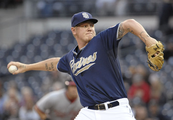 SAN DIEGO, CA - JUNE 10: Mat Latos #38 of the San Diego Padres pitches during the third inning of a baseball game against the Washington Nationals at Petco Park on June 10, 2011 in San Diego, California.  (Photo by Denis Poroy/Getty Images)