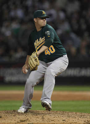 CHICAGO, IL - JUNE 10:  Andrew Bailey #40 of the Oakland Athletics pitches in the 9th inning against the Chicago White Sox at U.S. Cellular Field on June 10, 2011 in Chicago, Illinois. The Athletics defeated the White Sox 7-5.  (Photo by Jonathan Daniel/G