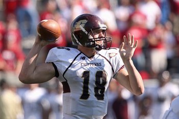 BLOOMINGTON, IN - NOVEMBER 01: Quarterback Brian Brunner #18 of the Central Michigan Chippewas passes the ball during the game against the Indiana Hooisers at Memorial Stadium on November 1, 2008 in Bloomington, Indiana. (Photo by Andy Lyons/Getty Image