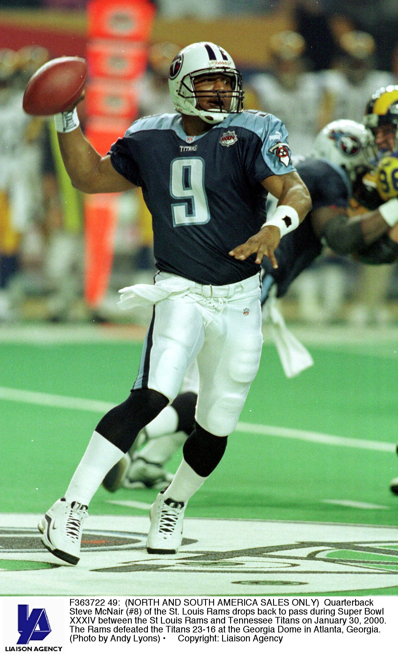 January 30, 2000: Tennessee Titans quarterback Steve McNair #9 drops back  to pass against the St. Louis Rams in Super Bowl XXXIV (34). The Rams  defeated the Titans by the final score