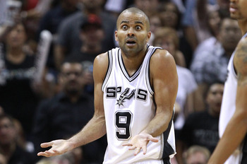 SAN ANTONIO, TX - APRIL 27:  Tony Parker #9 of the San Antionio Spurs reacts to a call during the game against the Memphis Grizzlies in Game Five of the Western Conference Quarterfinals in the 2011 NBA Playoffs on April 27, 2011 at AT&T Center in San Anto