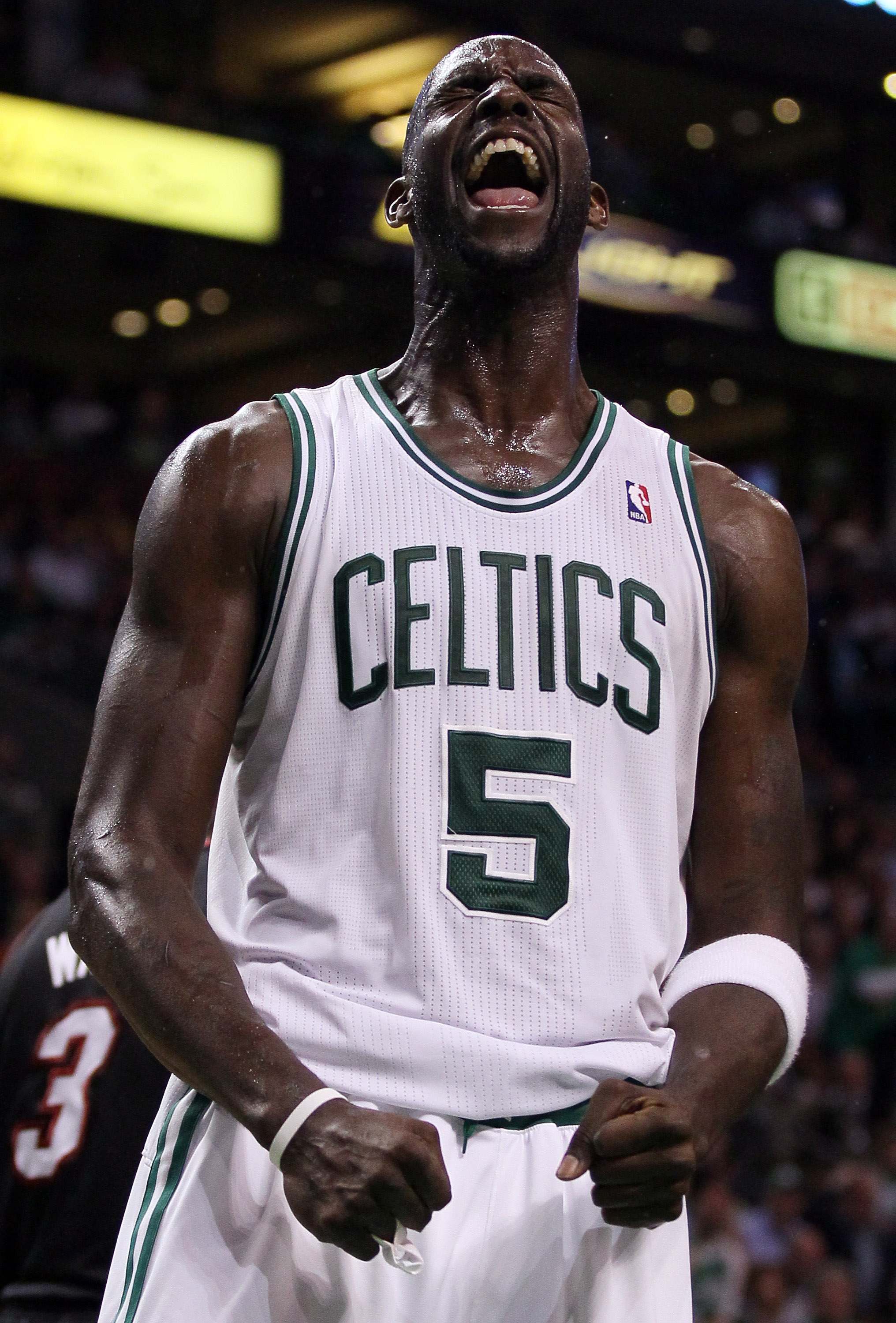 BOSTON, MA - MAY 09:  Kevin Garnett #5 of the Boston Celtics reacts after a foul is called on the Miami Heat in Game Four of the Eastern Conference Semifinals in the 2011 NBA Playoffs on May 9, 2011 at the TD Garden in Boston, Massachusetts.  NOTE TO USER