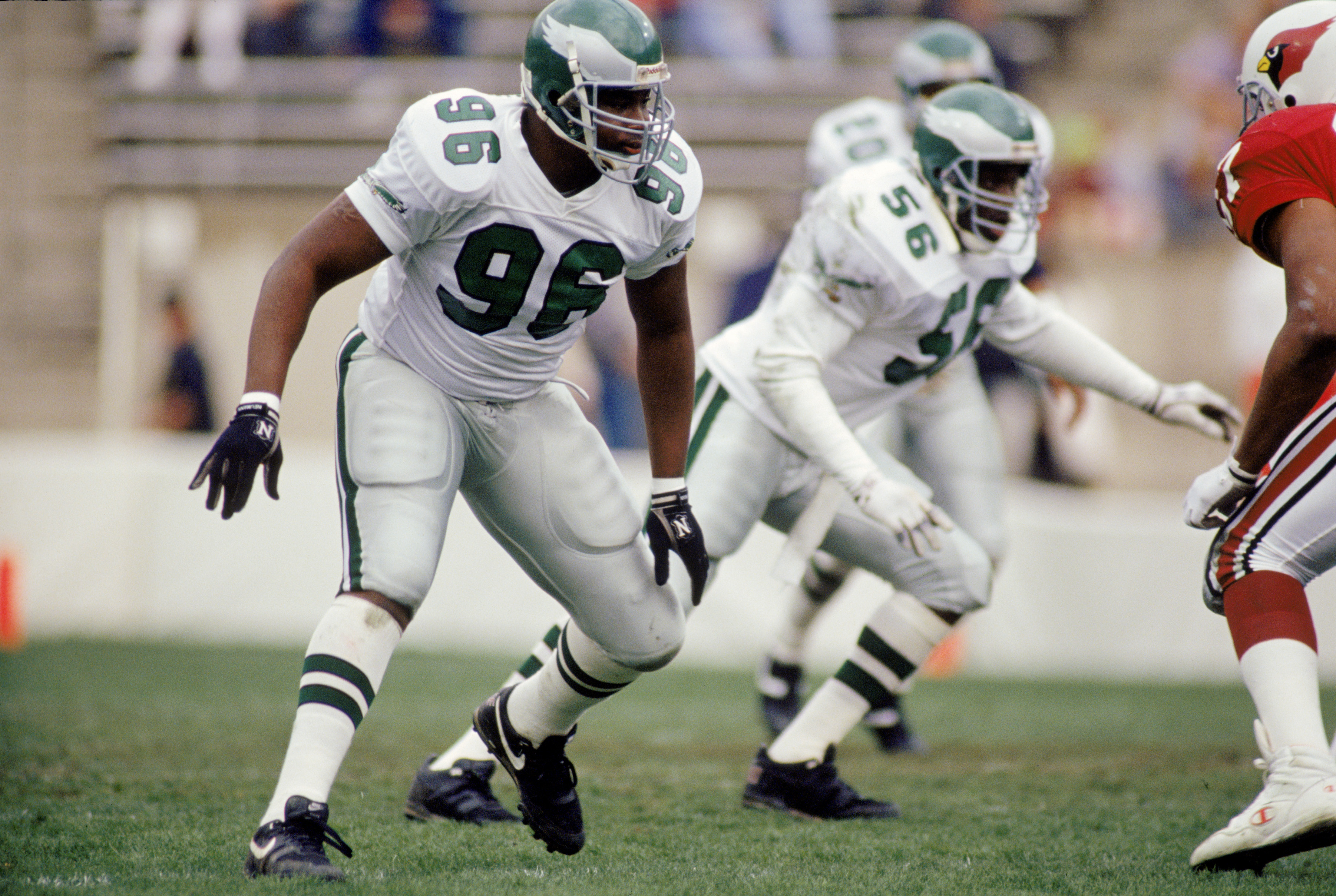 TEMPE, AZ - DECEMBER 22:  Defensive end Clyde Simmons #96 of the Philadelphia Eagles rushes the passer of the Arizona Cardinals in Sun Devil Stadium on December 22, 1990 in Tempe, Arizona.  The Eagels won 23-21.  (Photo by Stephen Dunn/Getty Images)