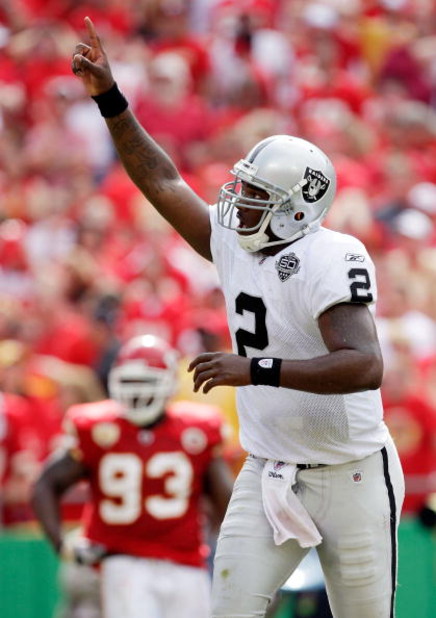 KANSAS CITY, MO - SEPTEMBER 20:  Quarterback JaMarcus Russell #2 of the Oakland Raiders celebrates after handing off for a touchdown in the final minutes of the 4th quarter during the Raiders' 13-10 victory over the Kansas City Chiefs during the game at A