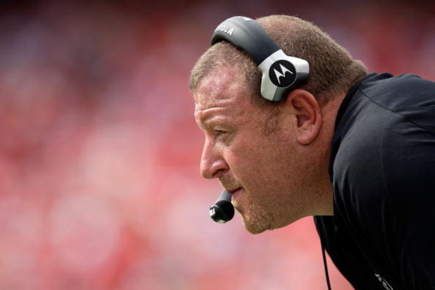 KANSAS CITY, MO - SEPTEMBER 20:  Head coach Tom Cable of the Oakland Raiders watches from the bench during the game against the Kansas City Chiefs at Arrowhead Stadium on September 20, 2009 in Kansas City, Missouri.  (Photo by Jamie Squire/Getty Images)