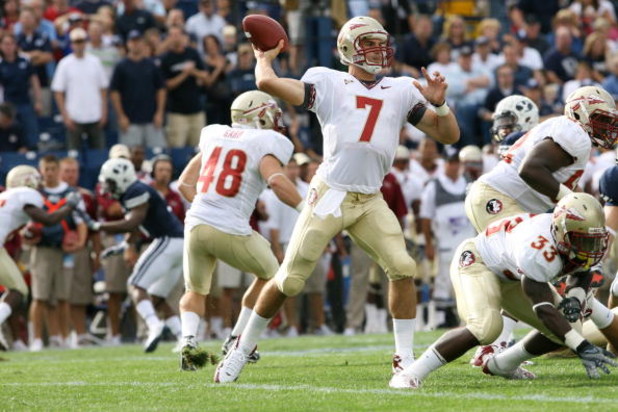 PROVO, UT - SEPTEMBER 19:  Christian Ponder #7 of Florida State Seminoles passes the ball against Brigham Young University Cougars at La Vell Edwards Stadium on September 19, 2009 in Provo, Utah.  (Photo by Melissa Majchrzak via Getty Images)
