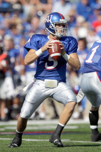 LAWRENCE, KS - SEPTEMBER 19: Quarterback Todd Reesing #5 of the Kansas Jayhawks looks to passe during the game against the Duke Blue Devils on Kivisto Field at Memorial Stadium on September 19, 2009 in Lawrence, Kansas. (Photo by Jamie Squire/Getty Images