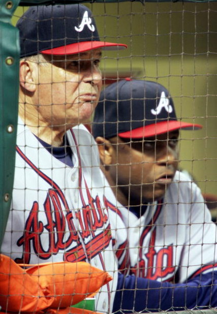 HOUSTON - OCTOBER 8:  Manager Bobby Cox #6 (L) and coach Terry Pendleton #9 of the Atlanta Braves watch the final inning from the dugout against the Houston Astros in Game Three of the 2005 National League Division Series on October 8, 2005 at Minute Maid