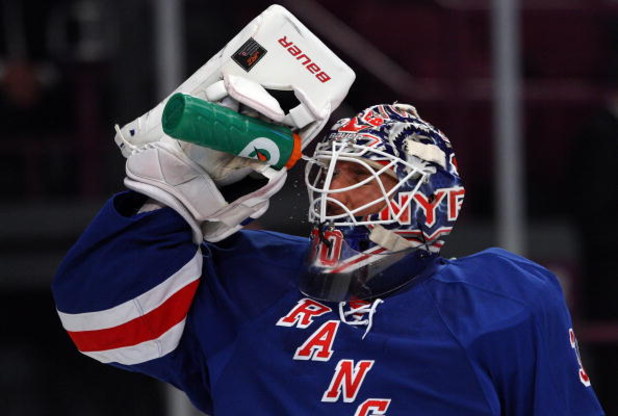 NEW YORK - SEPTEMBER 24:  Henrik Lundqvist #30 of the New York Rangers cools off before playing against of the Washington Capitals during their preseason game on  September 24, 2009 at Madison Square Garden in New York City.  (Photo by Jim McIsaac/Getty I