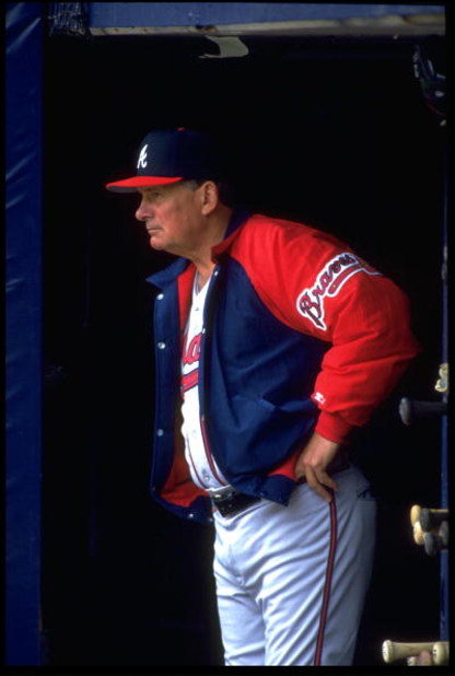 7 Apr 1994: ATLANTA BRAVES MANAGER BOBBY COX IN THE DUGOUT DURING THE BRAVES VERSUS SAN DIEGO PADRES GAME AT JACK MURPHY STADIUM IN SAN DIEGO, CALIFORNIA.