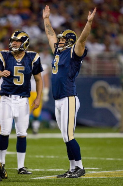 ST. LOUIS, MO - SEPTEMBER 27: Josh Brown #3 of the St. Louis Rams celebrates a 53 yard field goal against the Green Bay Packers at the Edward Jones Dome on September 27, 2009 in St. Louis, Missouri.  (Photo by Dilip Vishwanat/Getty Images)