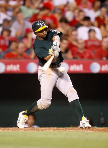 ANAHEIM, CA - AUGUST 29:  Rajai Davis #11 of the Oakland Athletics bats against the Los Angeles Angels of Anaheim at Angel Stadium on August 29, 2009 in Anaheim, California.  (Photo by Jeff Gross/Getty Images)