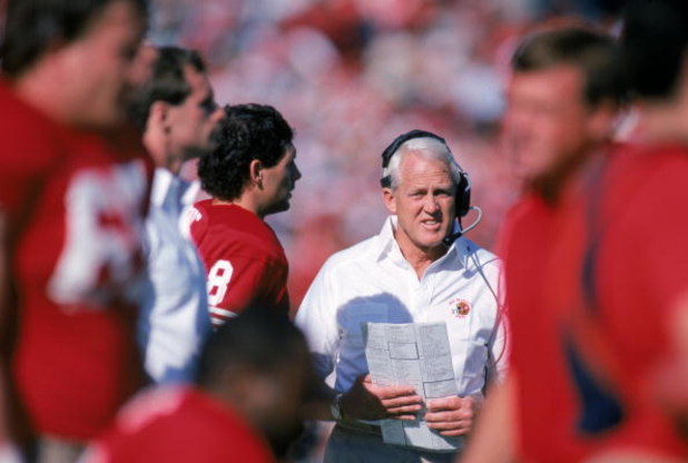 SAN FRANCISCO - NOVEMBER 8:  Head coach Bill Walsh of the San Francisco 49ers stands on the sidelines during a game against the Houston Oilers at Candlestick Park on November 8, 1987 in San Francisco, California.  The 49ers won 27-20.  (Photo by George Ro