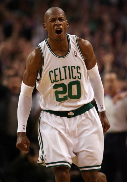 BOSTON - MAY 12:  Ray Allen #20 of the Boston Celtics celebrates his shot in the fourth quarter against the Orlando Magic in Game Five of the Eastern Conference Semifinals during the 2009 NBA Playoffs at TD Banknorth Garden on May 12, 2009 in Boston, Mass