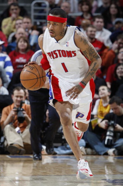 CLEVELAND - FEBRUARY 22:  Allen Iverson #1 of the Detroit Pistons brings the ball up court against the Cleveland Cavaliers on February 22, 2009 at the Quicken Loans Arena in Cleveland, Ohio. Cleveland won the game 99-78. NOTE TO USER: User expressly ackno