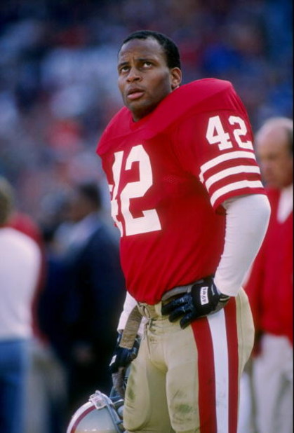 24 Dec 1989: Free safety Ronnie Lott of the San Francisco 49ers stands on the field during a game against the Chicago Bears at Candlestick Park in San Francisco, California. The 49ers won the game 26-0.