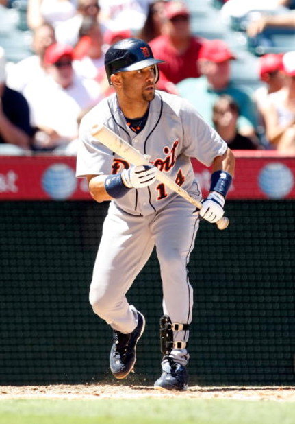 ANAHEIM, CA - AUGUST 26:  Placido Polanco #14 of the Detroit Tigers squares to bunt against the Los Angeles Angels of Anaheim at Angel Stadium on August 26, 2009 in Anaheim, California. The Angels defeated the Tigers 4-2.  (Photo by Jeff Gross/Getty Image
