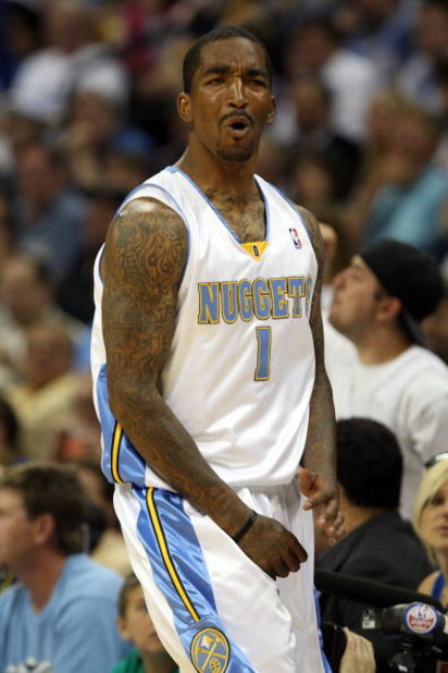 DENVER - MAY 29:  J.R. Smith #1 of the Denver Nuggets reacts against the Los Angeles Lakers in Game Six of the Western Conference Finals during the 2009 NBA Playoffs at Pepsi Center on May 29, 2009 in Denver, Colorado. NOTE TO USER: User expressly acknowl
