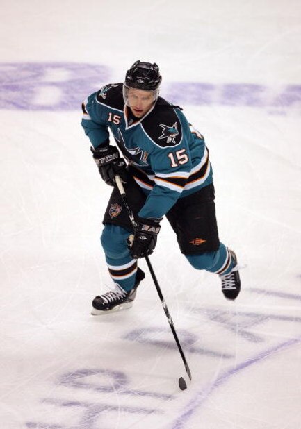 SAN JOSE, CA - OCTOBER 10: Dany Heatley #15 of the San Jose Sharks skates on the ice during warm ups before their game against the Minnesota Wild at HP Pavilion on October 10, 2009 in San Jose, California. (Photo by Ezra Shaw/Getty Images)