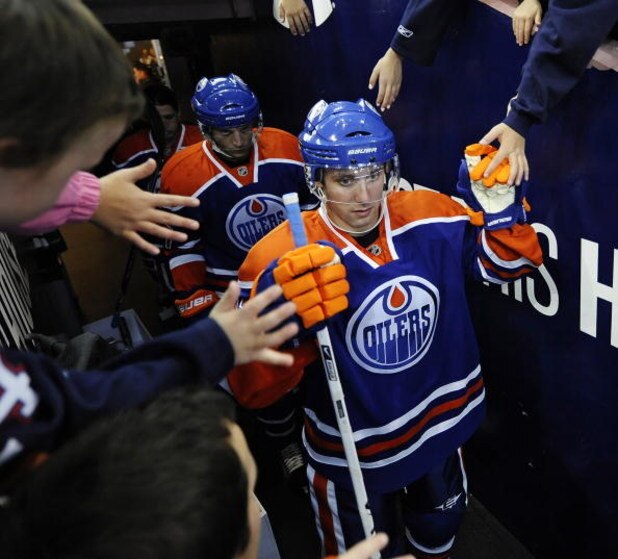 EDMONTON, AB - OCTOBER 3: Sam Gagner of the Edmonton Oilers walks to the ice before a game between the Calgary Flames and the Edmonton Oilers in an NHL game on October 3, 2009 at Rexall Arena in Edmonton, Canada. The Calgary Flames defeated the Edmonton