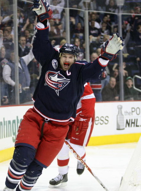 COLUMBUS, OH - APRIL 23:  Rick Nash #61 of the Columbus Blue Jackets celebrates scoring a goal against the Detroit Red Wings during Game Four of the Western Conference Quarterfinals of the 2009 Stanley Cup Playoffs on April 23, 2009 at the Nationwide Aren