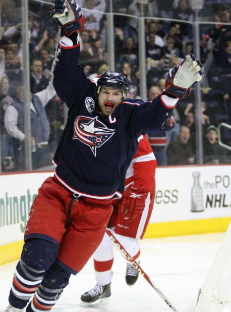 COLUMBUS, OH - APRIL 23: Rick Nash #61 of the Columbus Blue Jackets celebrates scoring a goal against the Detroit Red Wings during Game Four of the Western Conference Quarterfinals of the 2009 Stanley Cup Playoffs on April 23, 2009 at the Nationwide Aren