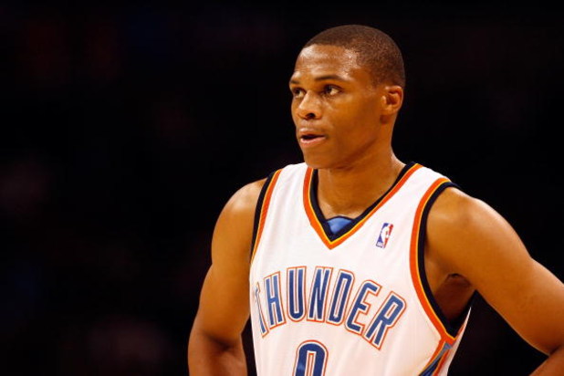 OKLAHOMA CITY - OCTOBER 29:  Russell Westbrook #0 of the Oklahoma City Thunder looks across the court during the game against the Milwaukee Bucks at the Ford Center on October 29, 2008 in Oklahoma City, Oklahoma. The Bucks won 98-87.  NOTE TO USER: User e