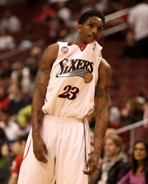 PHILADELPHIA - APRIL 30:  Lou Williams #23 of the Philadelphia 76ers walks with his jersey in his mouth against the Orlando Magic during Game Six of the Eastern Conference Quarterfinals at Wachovia Center on April 30, 2009 in Philadelphia, Pennsylvania. N